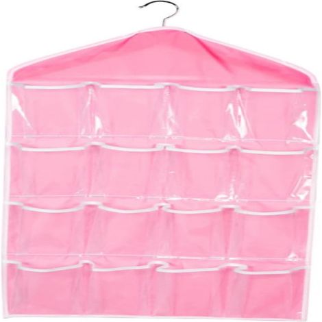 Organisateur de Vêtements - 16 Poches Transparentes - Fixation Murale ou Porte - Polyester Épais - Rose (1/5)