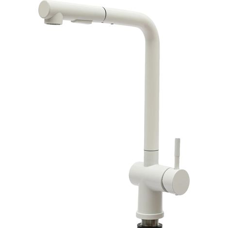 Robinet de cuisine, rotatif à 360°, avec douchette extractible, BLANC (1/2)
