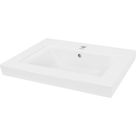 ECD Germany Lavabo Cerámica Encastrado Con Agujero Para Grifo - Blanco - Aseo Lavamanos Integrado - 605x465x160 mm - Diseño Moderno - Pila Con Desbordamiento Desagüe Para El Cuarto De Baño (1/5)