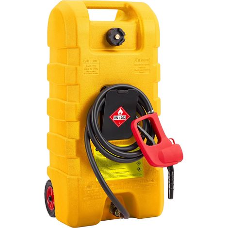 Réservoir à carburant portable 15 gallons, pompe manuelle, tuyau trois m, étanche, sur roues – Pour essence/carburant, voitures, tondeuses, bateaux, quads – Couleur : jaune