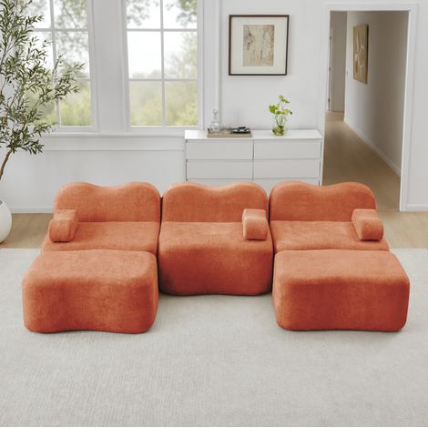 Sofá modular en U sin estructura de 3 plazas con 2 otomanas de terciopelo naranja (1/5)