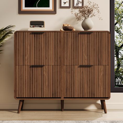 Meuble à chaussures 105x24x90cm - 4 portes 2 niveaux pieds bois angles arrondis - mdf - noyer