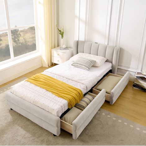 Lit adulte rangement 90x200 chenille beige USB HAVRYA (1/5)