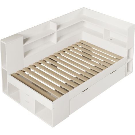 Tagesbett Funktionsbett mit LED-Beleuchtung Einzelbett aus Holzwerkstoff mit USB & Typ-C Ladestation Stauraum Regalen und Schubladen Jugendbett inkl. Lattenrost (ohne Matratze)