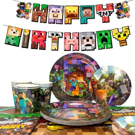 Décoration d'anniversaire - INBOXXARTY - Kit Vaisselle Minecraft - 66 pièces - Multicolore - Enfant