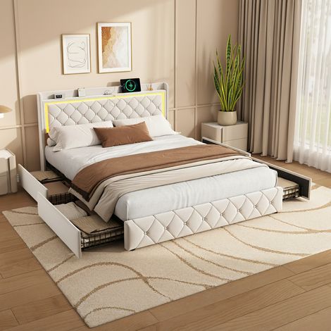 Lit 140x190 avec rangement, lit adulte avec 4 tiroirs, sommier à lattes, Tête de Lit avec Éclairage LED RGB, Station de Charge USB/Type-C, velours, style scandinave - Beige