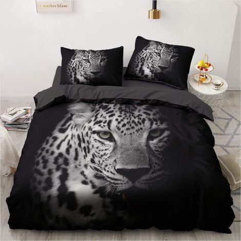 Bettwäsche 135x200 cm Leopard Tiermotiv Schwarz Grau Mikrofaser 2-teilig mit Reißverschluss