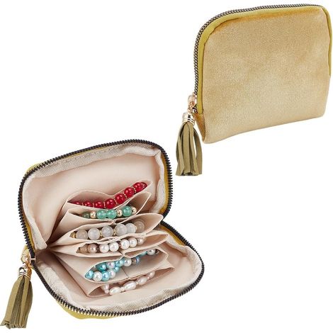 Lot de 2 mini sacs à bijoux de voyage jaunes en velours avec fermeture éclair à pompons pour bijoux, petits accessoires de rangement pour boucles d'oreilles, colliers, bagues (1/5)