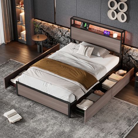 Metal 3FT Single Bed 90x190cm with LED Strip,4 Drawers,USB&Type C Ports,Durable Grey Design for All Ages
