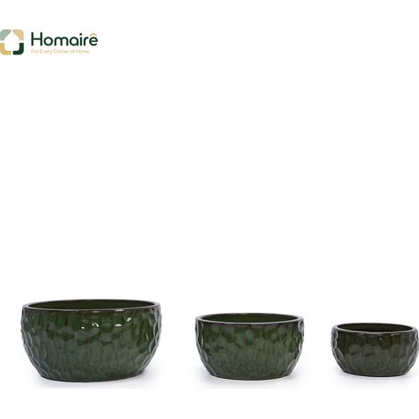 HOMAIRE Set de trois pots en céramique émaillée artisanal, vert à motif marteau, idéal pour bambou/figuier, intérieur/extérieur, porcelaine respirante avec trous de drainage (1/5)