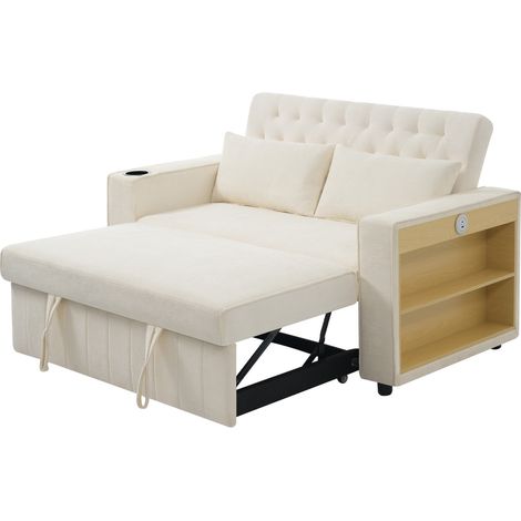 Canapé-lit multifonction 2 places en tissu chenille beige avec rangement, porte-gobelet et port USB (1/5)