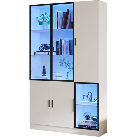 Vitrine mit 6 Türen, 10 Ablagebereichen und LED, für Wohnzimmer oder Arbeitszimmer, aus MDF und Glas, 120×35×200 cm (1/5)