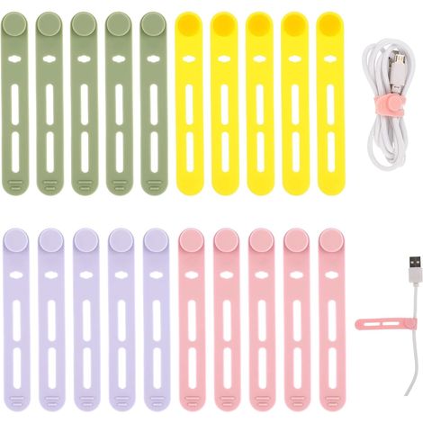Lot de 20 attaches de câble en silicone réglables, organisateurs de câbles pour câbles de charge, écouteurs, ordinateur, bureau et voyage (Jaune + Rose + P) (1/5)