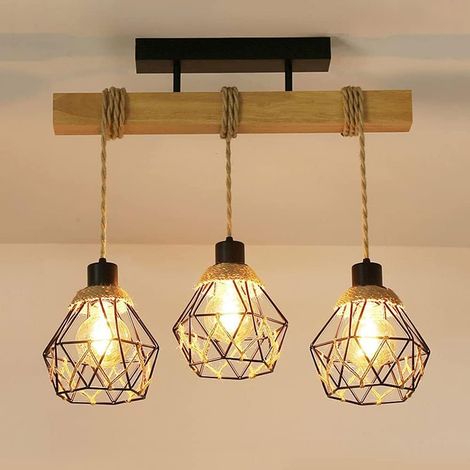 Lustre vintage, suspension à 3 têtes, plafonnier rustique, suspension en métal, éclairage d'îlot, hauteur réglable, 55 cm (1/5)