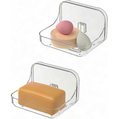 Set mit 2 transparenten PET-Seifenschalen, selbstklebender Duschhalter zur Wandmontage, Schwammorganizer für Küche und Bad (1/4)