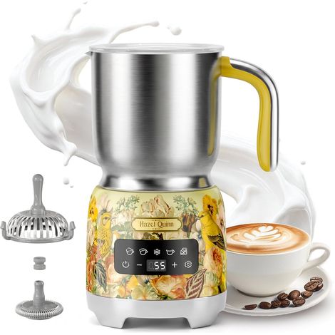 Mousseur à Lait Électrique 5-en-1,Inox,400 ml, Imprimé Fleurie Acier Inoxydable,Chauffe-Lait, Chocolat Chaud, Contrôle Tactile LED, Pichet Magnétique Amovible, Lavable au Lave-Vaisselle (1/5)