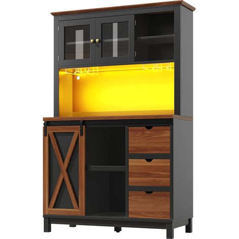 ELVMI Colonna da Cucina con 1 Anta Scorrevole, 1 Cassetto, Ripiani Regolabili e LED in MDF Nero (1/5)