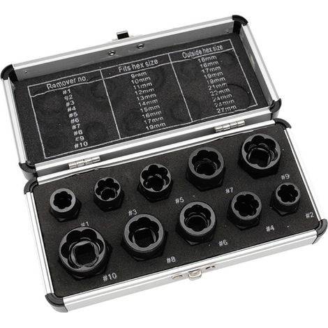 Juego de 10 extractores de tuercas de impacto para extraer pernos, tuercas y tornillos dañados, oxidados y redondeados. (1/4)