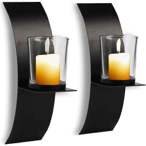 Lot de 2 bougeoirs muraux modernes en fer forgé avec coupelle en verre, appliques murales noires. (1/4)
