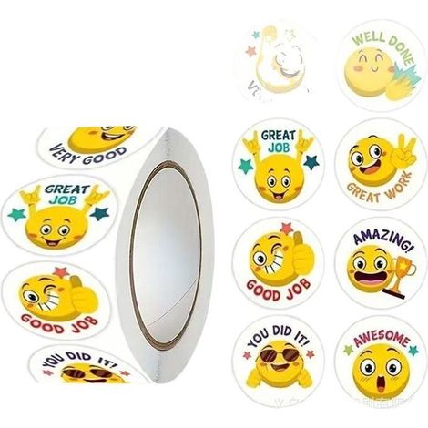 1000 autocollants pour enfants, 2 rouleaux d'autocollants emoji visage souriant, motivants et encourageants pour féliciter et récompenser. (1/4)