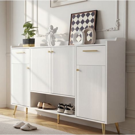 Zapatero de 4 puertas, 2 cajones y nicho abierto, 130 x 37 x 100 cm, blanco DESVIAE (1/5)