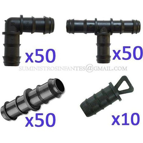 Suinga – Pack d'irrigation goutte à goutte 16 mm – 50 tés, 50 coudes, 50 jonctions, 10 bouchons – Compatible cultures variées