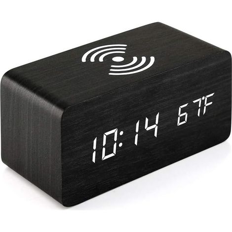 Sveglia digitale in legno con caricatore a induzione da 5W, caricatore rapido compatibile con iPhone, Samsung Galaxy, per camera da letto, casa e ufficio, colore nero. (1/5)