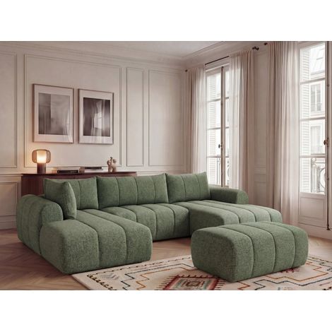 BOBOCHIC - Canapé panoramique fixe NESTY tissu chiné avec pouf Angle droit Vert clair (1/5)