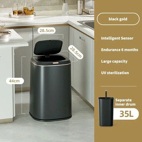 Poubelle de cuisine intelligente (35 L, noire) avec capteur, étanche, idéale pour la salle de bain et le salon, avec couvercle. (1/3)