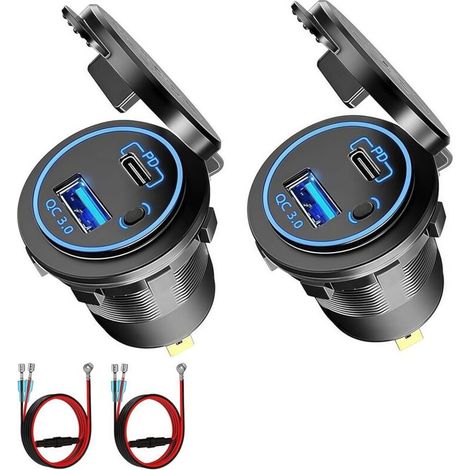 Prise USB 12V, 54W, Double Port de Charge Rapide (QC3.0 + PD) avec Interrupteur on/Off - Port USB Embarqué 12-24V pour Voiture, Moto, Camion, Bateau, Camping-Car (2 Pièces) (1/5)