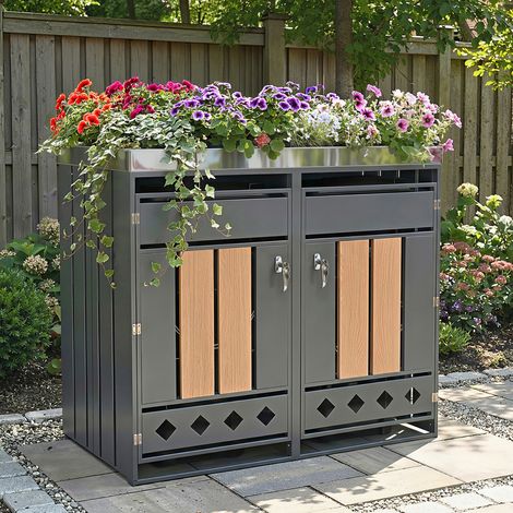 Cache-poubelle extérieur 132x80x124,5 cm en métal gris, avec rangement pour jardin FloraGrace (1/5)
