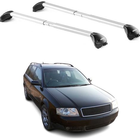 OMAC Barres de toit transversales certifiées TÜV pour Audi A6 C5 Allroad 2000-2005 – Verrouillables (4 antivols) – Charge max 100 kg – Sangle inox + protection caoutchouc Argent (1/4)