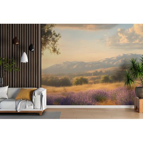 Papier peint campagne - chênes au soleil couchant - 150 x 250 cm (1/2)