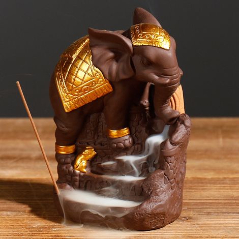 Porte-encens élégant en céramique à reflux en forme d'animal - Éléphant avec décoration dorée - Décoration pour la maison ou le bureau (1/5)