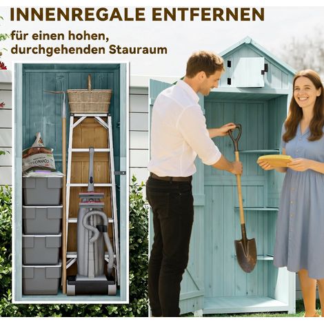 Armoire de jardin en bois, abri de jardin résistant aux intempéries 77x54,2x179cm, cabanon avec porte, toit en pente, étagères intérieures, rangement d'outils pour jardin, terrasse, bleu clair + vert (1/4)