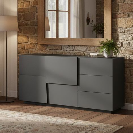 Dmora - Kommode Xavier, Wohnzimmer-Buffet, Wohnzimmer-Kommode mit 2 Türen und 3 Schubladen, 180x44x86 cm, Anthrazit (1/5)