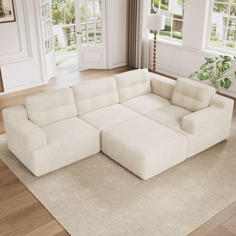 Canapé d’angle modulable en U ou L 252x180x82 cm, sans cadre ni montage, mousse intégrale haute résilience, avec appui-tête, chenille, Beige (1/5)