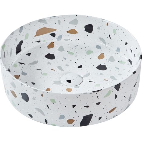 Lavabo de encimera baño cerámica efecto terrazo redondo blanco 40 cm Nules