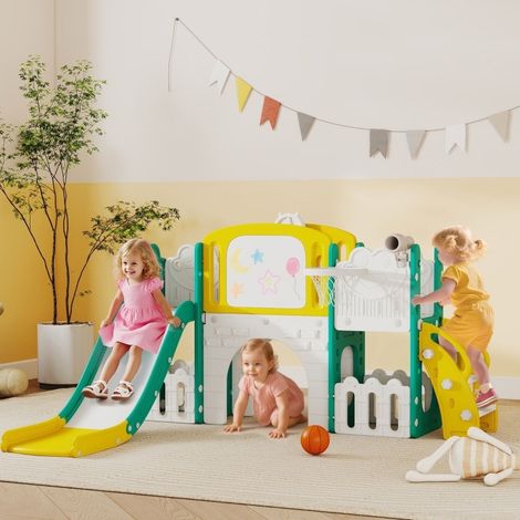 7-in-1 Kinderrutsche für Kleinkinder mit Basketballkorb, Froschdesign, HDPE, Gelb/Grün HAVRYA (1/3)