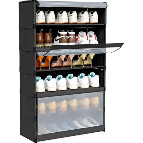 Armoire à chaussures 6 couches noir 105 x 64 x 30 cm – Tubes en Métal + Plastique – Avec porte en PVC translucide – Capacité 18 paires (1/5)