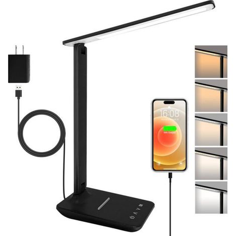 LED-Schreibtischlampe mit Netzteil, faltbar und dimmbar mit 5 Farbmodi und 5 Helligkeitsstufen, USB-Ladeanschluss (Schwarz) (1/5)