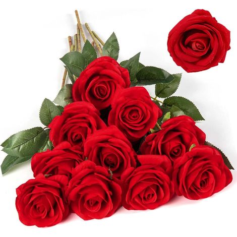 12 Pièces Rose Artificielle, 51 cm Fleurs Artificielles Deco, Rose Eternelle, Réalistes Fleur Sechees Decoration, Decoration Voiture Mariage, pour Mariage, Maison, Bouquets de Mariée (Rouge) (1/5)