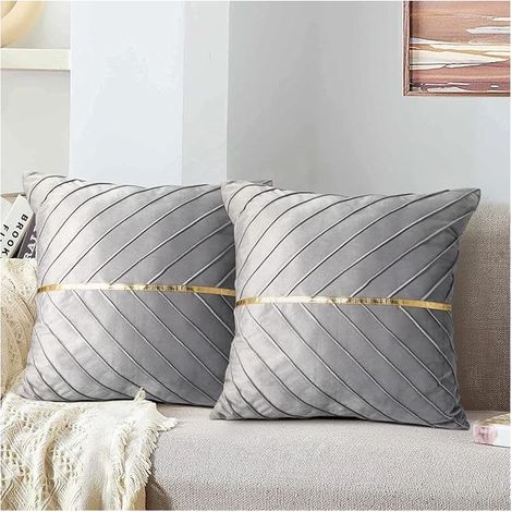 Housse de Coussin Velours Gris Taie d'oreiller Carré Doré Décoratifs Salon 45x45 cm Doux Canapé Fermeture éclair Cachée Luxueux pour Chaise Intérieure Lit Maison Chambre Ensemble de 2 (1/4)
