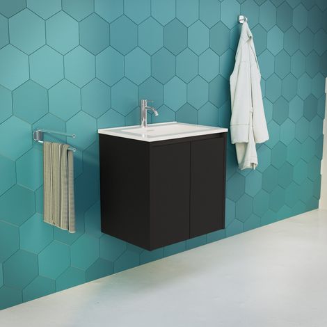 Inda - Meuble de salle de bain L.60 avec vasque noir brillant/mat (1/5)