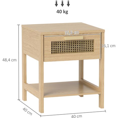 Table de nuit naturelle en rotin, meuble d'appoint avec tiroir et étagère, commode en bois, finition naturelle, dimensions 40x40x48,4 cm (1/5)