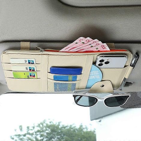 Pare-soleil de voiture, porte-cartes de visite, porte-stylo, porte-CD/DVD, boîte de rangement avec clip pour lunettes de soleil et fermeture éclair (beige)
