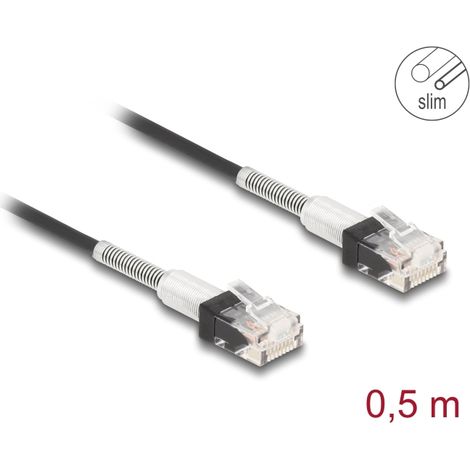 Delock Cable de red RJ45 con doble protección contra curvaturas Cat.6A UTP Slim 0,5 m negro
