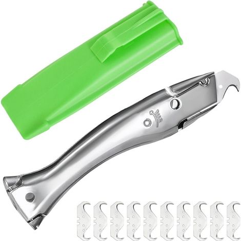 Cutter avec lame crochet, aluminium, 10 lames, étui inclus
