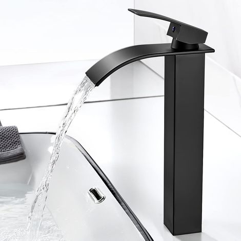 MINKUROW Rubinetto Bagno Cascata, Rubinetto Lavabo Nero Alto Cascata Moderna, Miscelatore Lavabo Cascata con Beccuccio Altezza 237mm, Rubinetti Acqua Calda e Fredda Quadrati in Ottone Disponibili G 3/ (1/5)