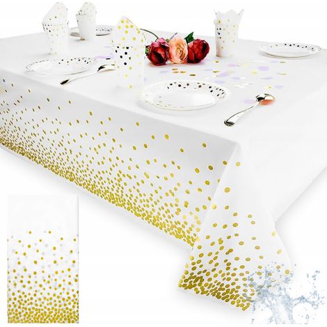 Mantel desechable para mesa blanca metalizada con confeti dorado, grande 137x274 cm (1/5)
